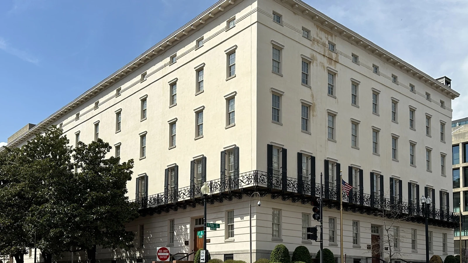 White nineteenth-century Winder Building at the corner of 17th and F Streets in Washington.