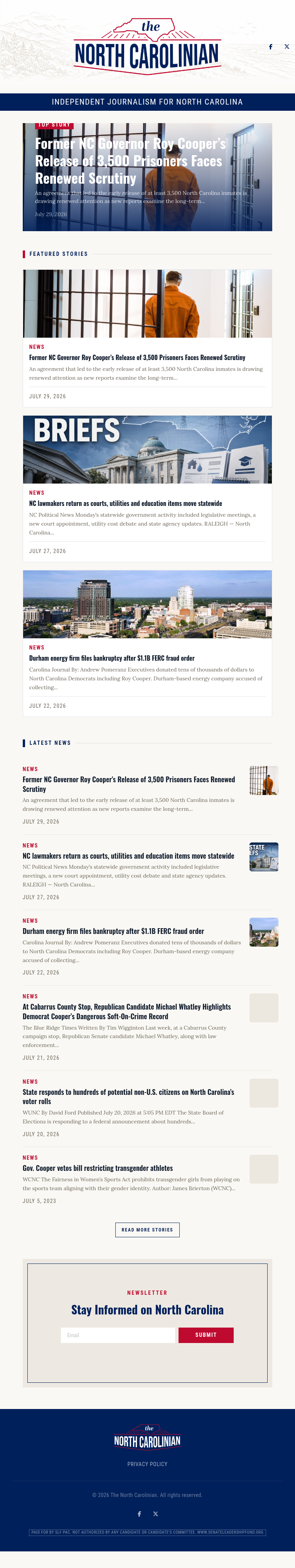 Full North Carolinian homepage ending in the SLF PAC payer footer.