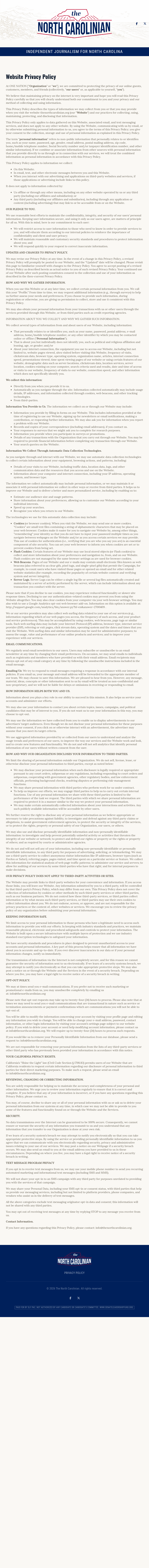 North Carolinian privacy policy beginning with At ONE NATION and ending with the SLF PAC footer.