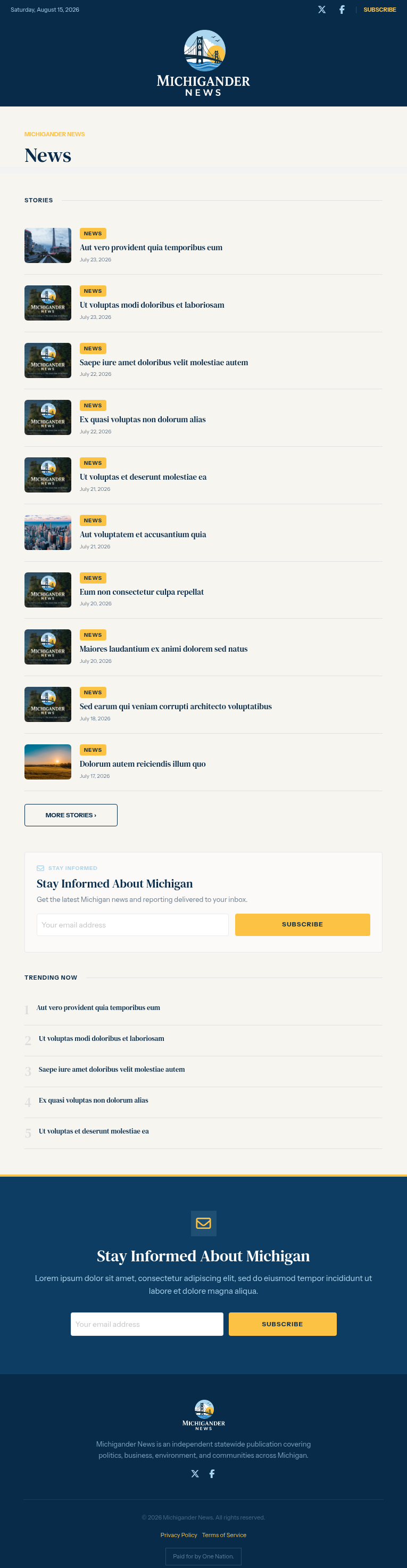 Publicly reachable Michigander News path showing dated placeholder story cards and the One Nation footer.