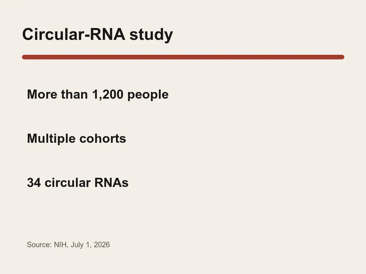 Graphic lists more than 1200 participants, multiple cohorts and 34 circular RNAs associated with Alzheimer's.