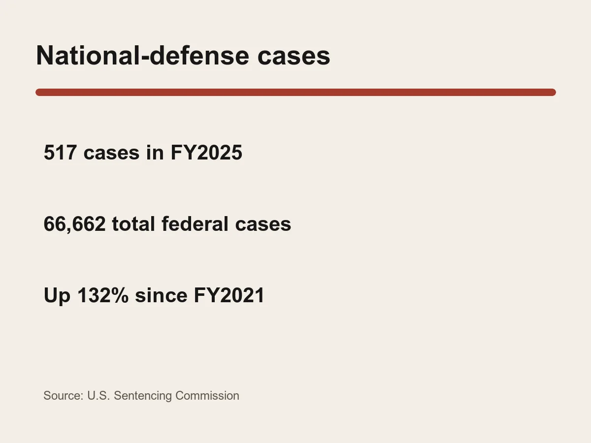Graphic lists 517 national-defense cases, 66,662 total cases and a 132 percent increase since fiscal 2021.