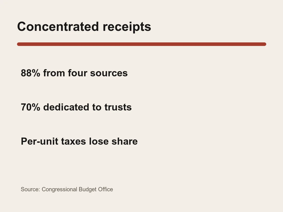 Graphic lists an 88 percent share from four major sources and about 70 percent dedicated to trust funds.
