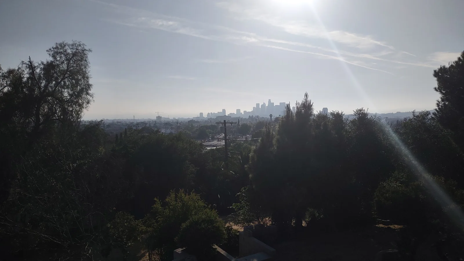 Downtown Los Angeles skyscrapers appear through a thick layer of pale gray pollution haze.