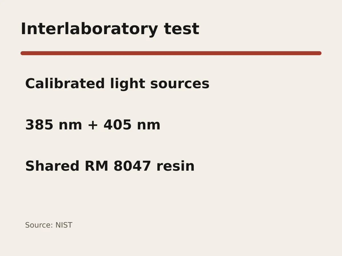 Graphic shows calibrated tests at 385 and 405 nanometers and a shared resin sample.