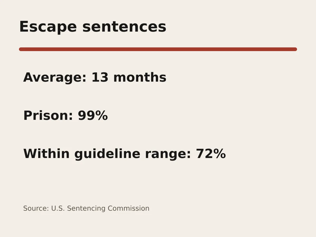 Graphic shows a 13-month average sentence, 99 percent receiving prison and 72 percent within the guideline range.