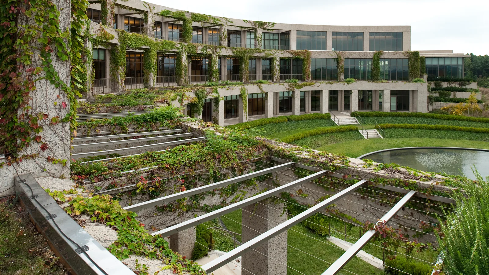 The Packard Campus conservation center sits amid green lawns below a wooded hillside.