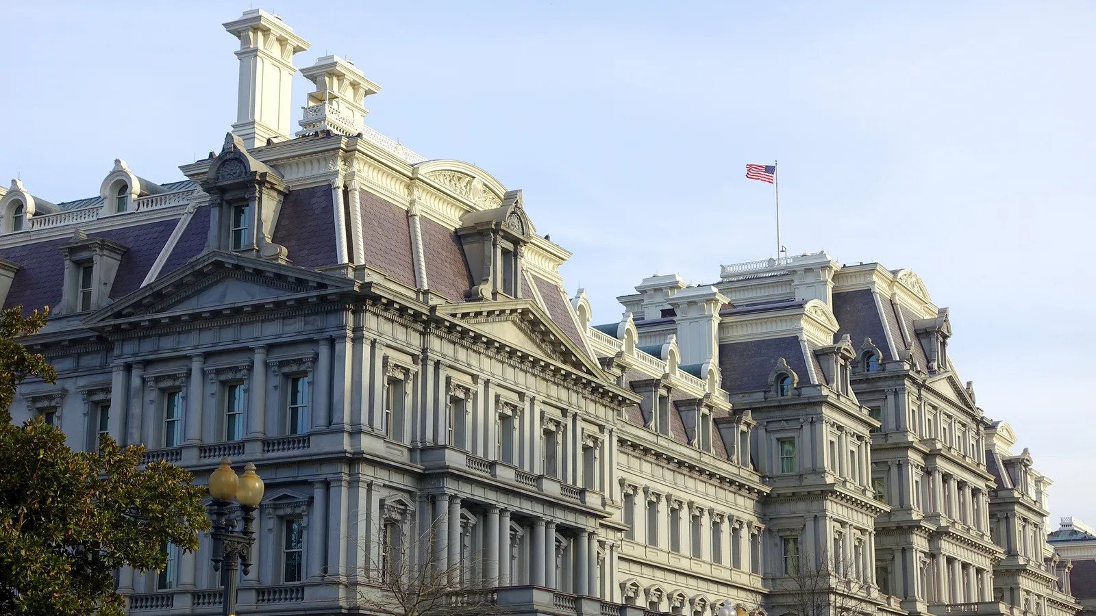 Ornate stone facade of the Eisenhower Executive Office Building in Washington.