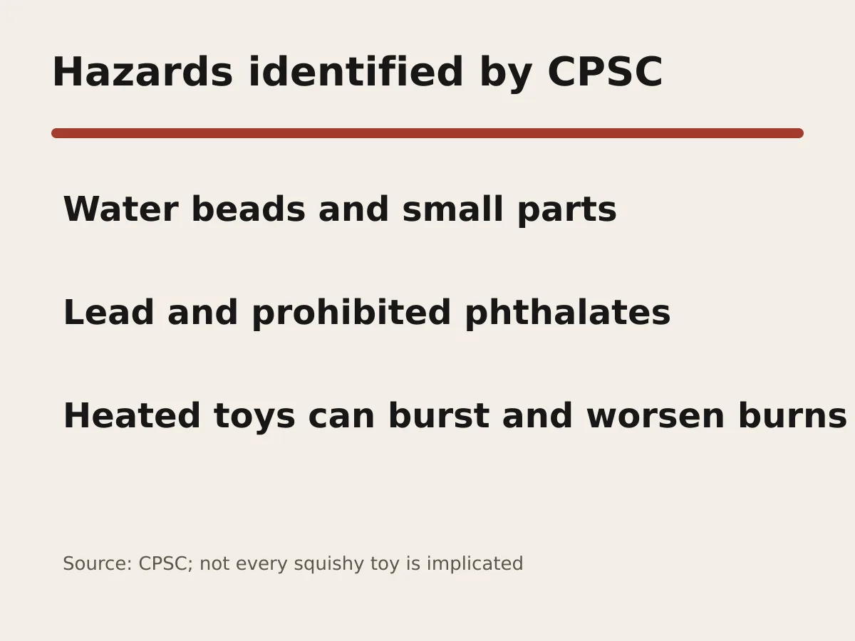 Graphic lists the principal hazards in CPSC's counterfeit squishy-toy alert.