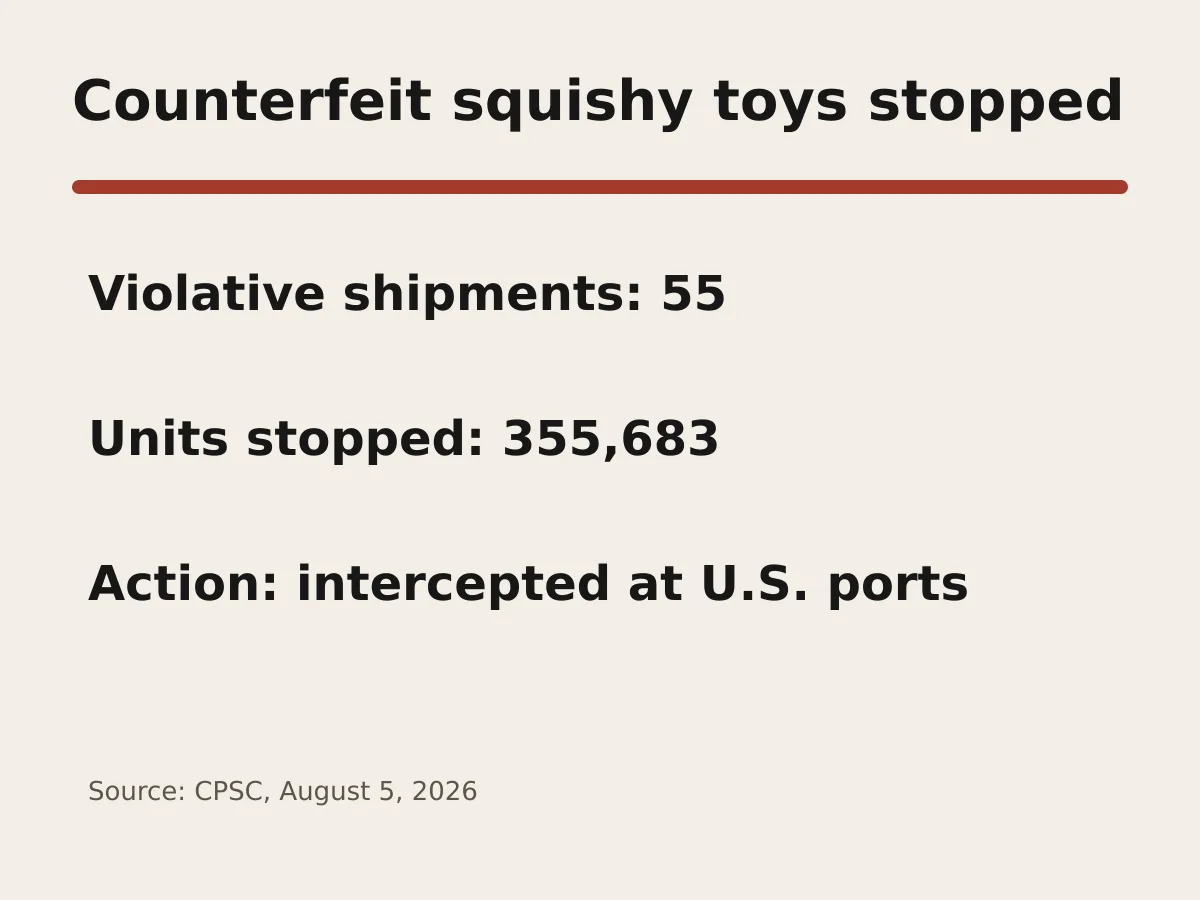 Graphic shows 55 shipments and 355,683 stopped toy units.